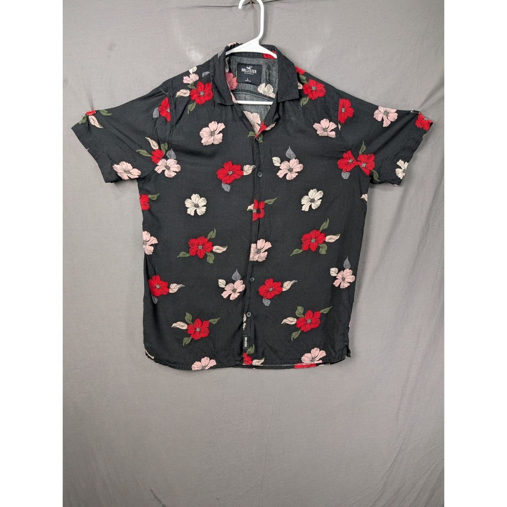 Hollister Mens Floral Short Sleeve Button Up Shirt Black Red Large